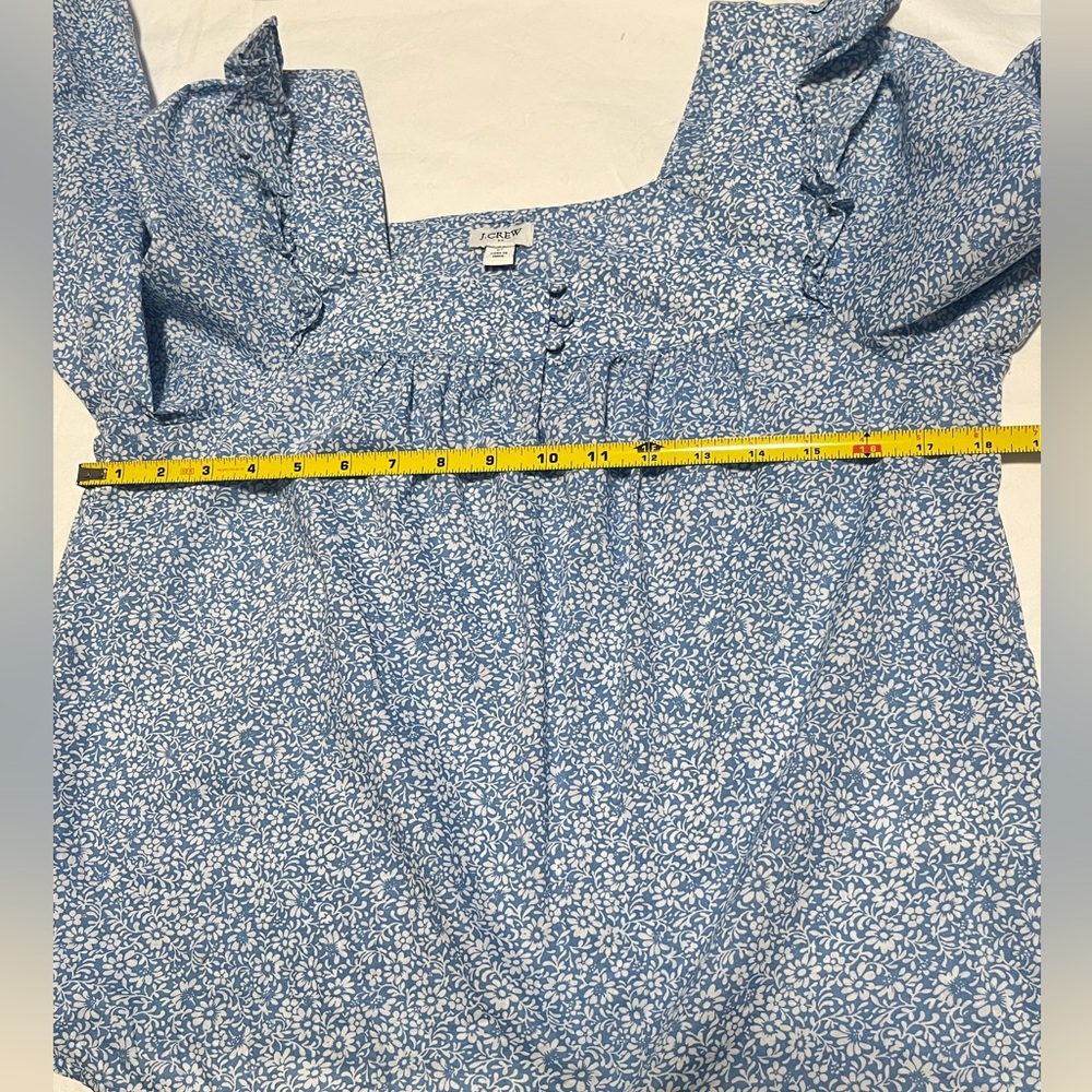 J. CREW Women’s Blue & White LS Squareneck Ruffle Floral Print Top Blouse Size M - Picture 9 of 13